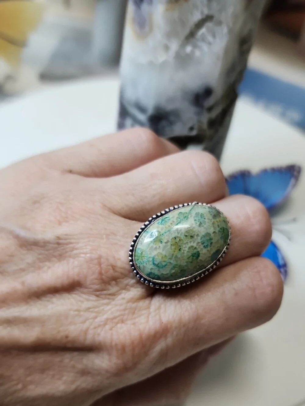 Green Fossil Coral Oval Ring